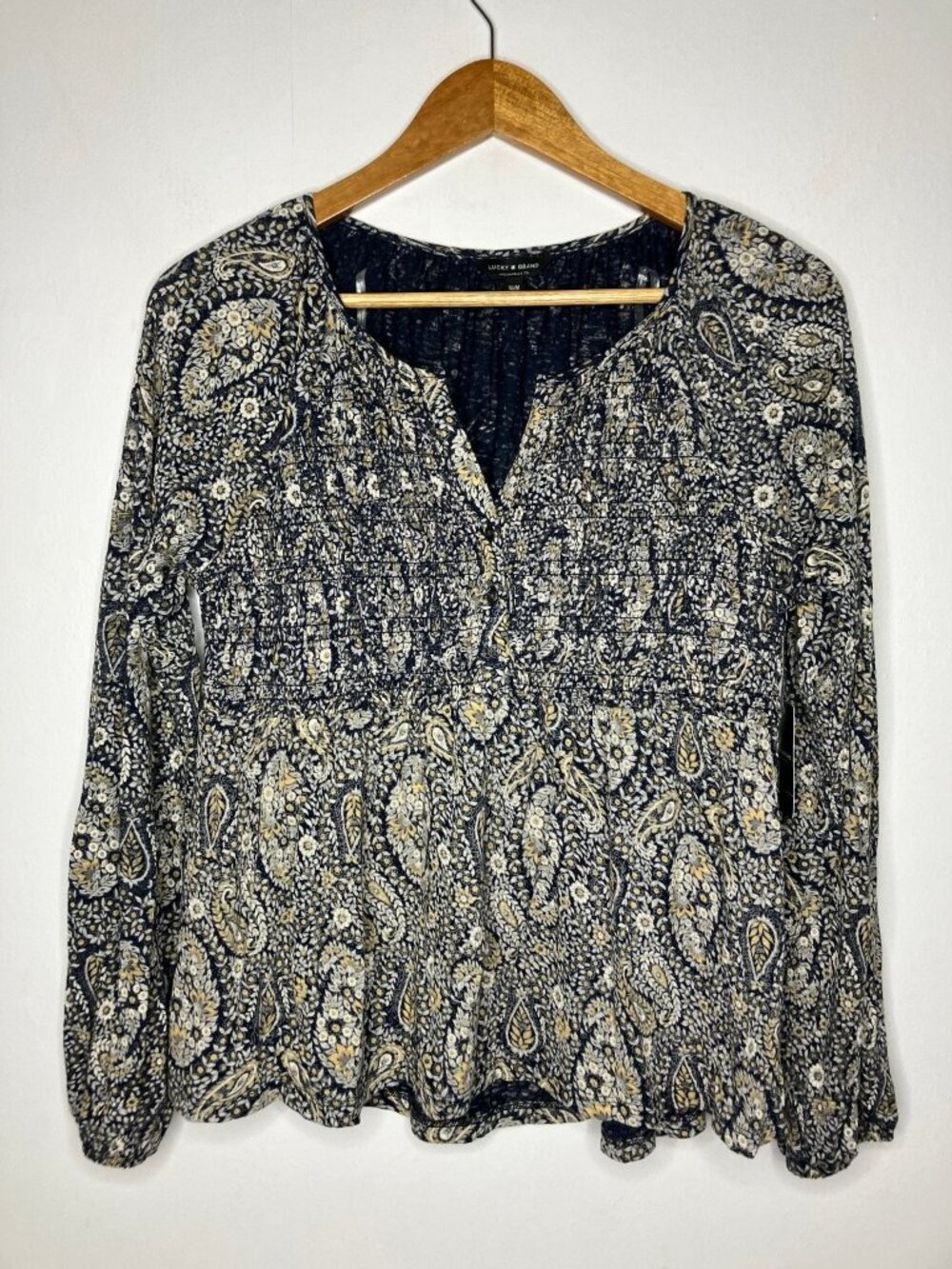 Lucky Brand Women's Medium Smocked Paisley Floral Peasant Blouse Top Blue New